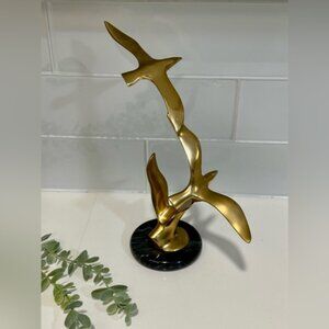 Vintage Brass Flying Birds in Flight Curtis Jere Style Brass And Marble Statue